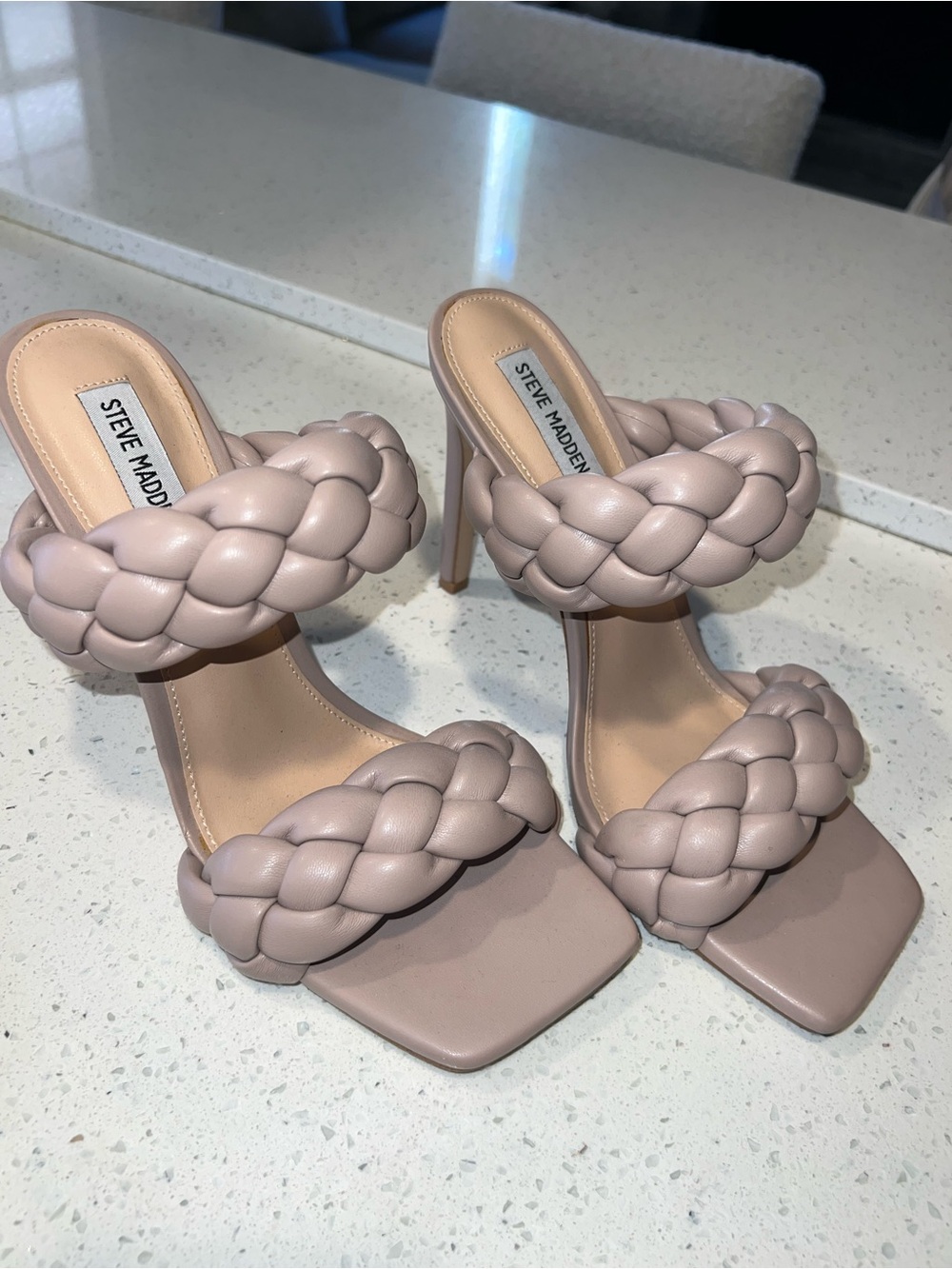 Steve Madden Taupe Braided Double-Strap Stiletto Sandals